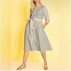NWT  Talbots Daisy Striped Gray White Dress 12 Cotton Coastal Old Money Academia